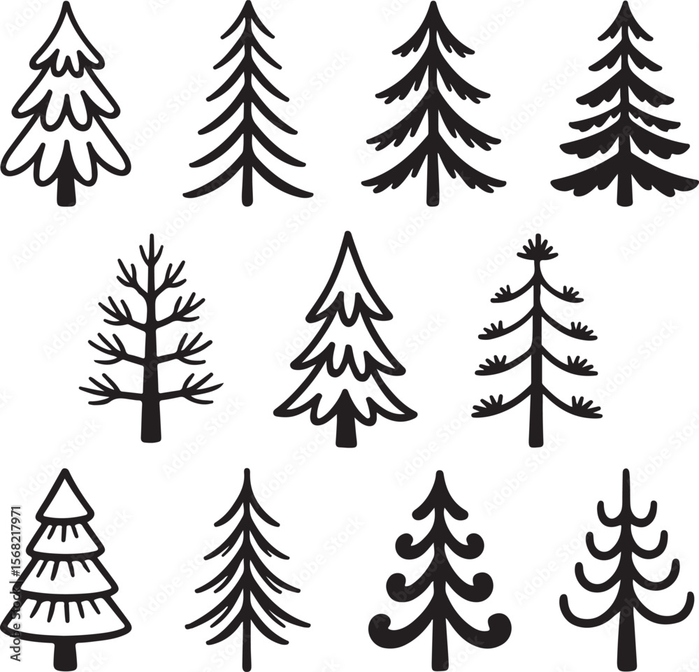 Obraz premium Hand Drawn Fir Tree Doodle Vector Set with Varied Pine Shapes and Forest Elements on White Background