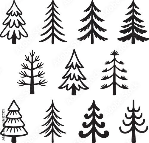 Hand Drawn Fir Tree Doodle Vector Set with Varied Pine Shapes and Forest Elements on White Background