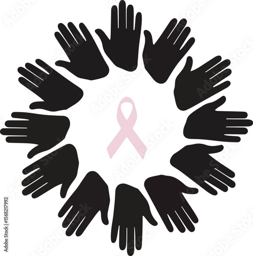 Breast Cancer Awareness Pink Ribbon Encircled by Black Hand Silhouettes Symbolizing Unity and Support