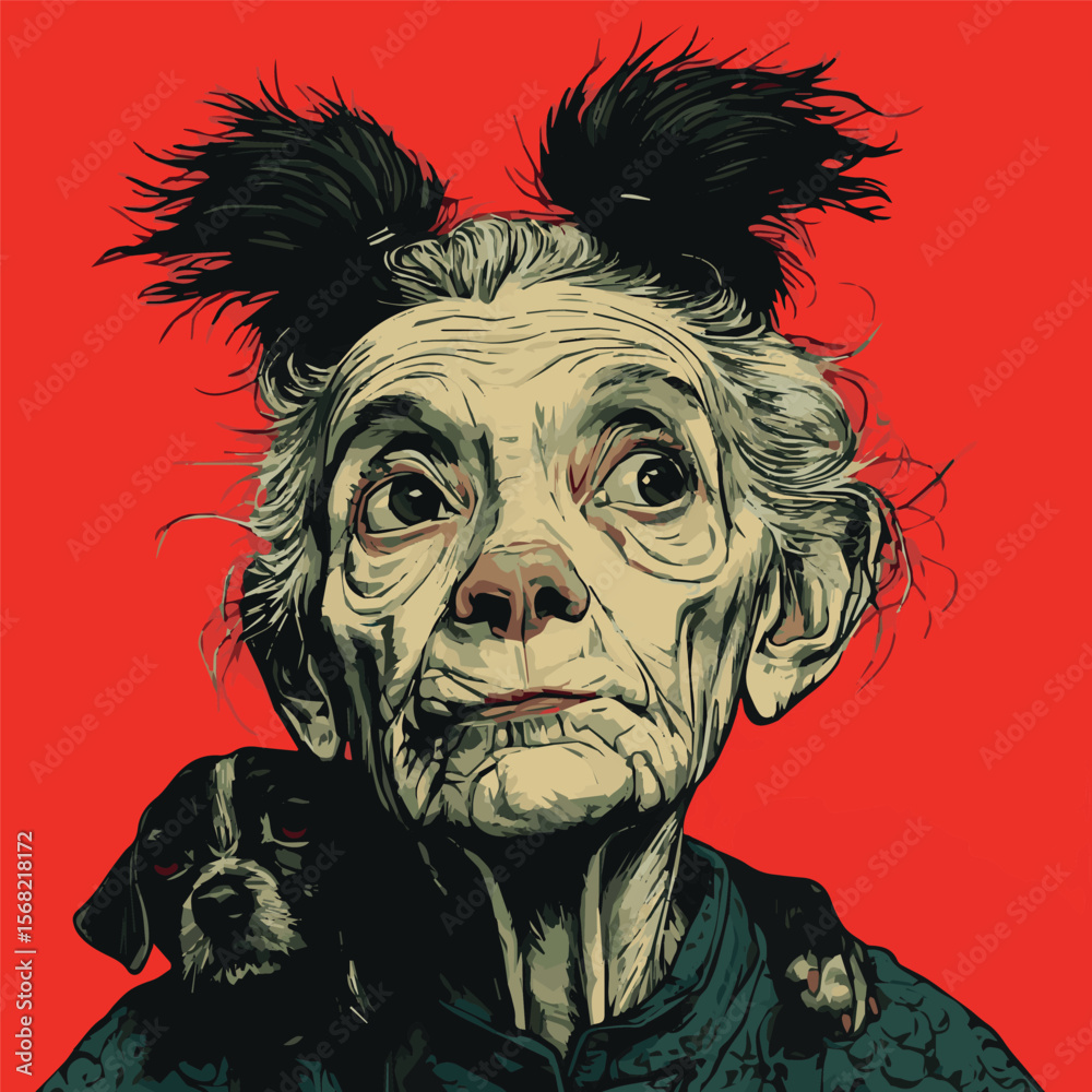 extravagant elderly woman with a dog
