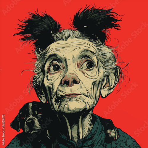 extravagant elderly woman with a dog
