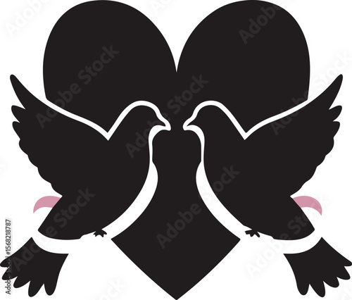 Breast Cancer Awareness Love Birds Silhouette with Heart and Pink Ribbon Icon