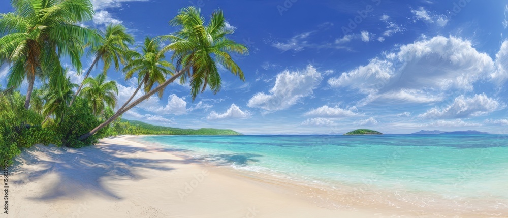 Obraz premium The tranquil beach with swaying palm trees and clear turquoise waters.