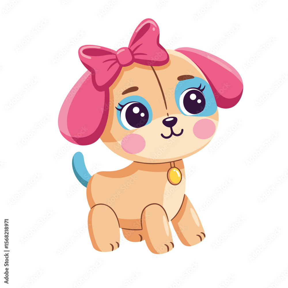 Fototapeta premium Cute cartoon dog with pink bow and friendly expression 