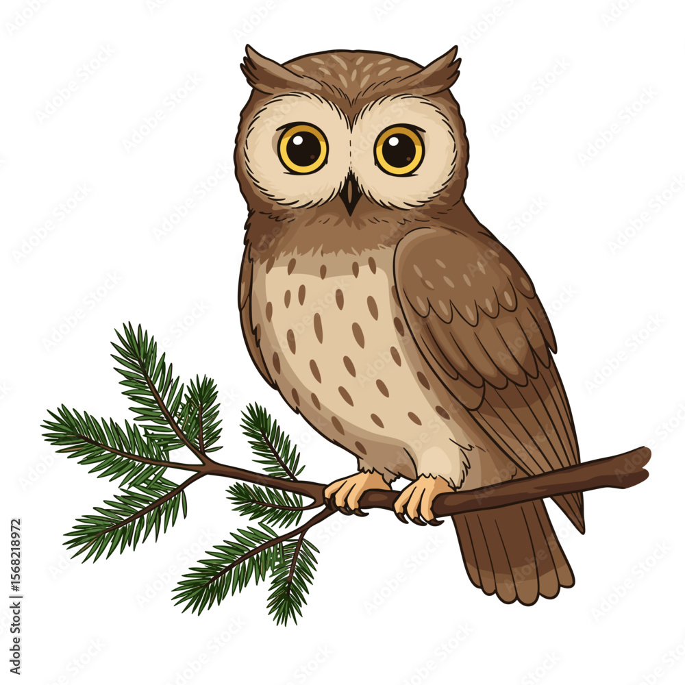 Obraz premium Cartoon owl perched on a branch with green pine needles 