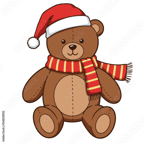 Cute teddy bear wearing Christmas hat and scarf sitting down  