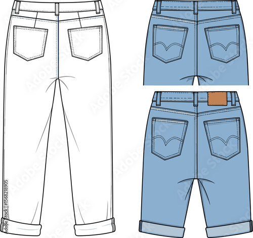 Minimalist Denim Jeans with Rolled Hem and Classic Fit, Fashion Illustration