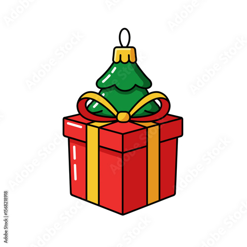 Christmas gift box with bow and tree decoration on top  