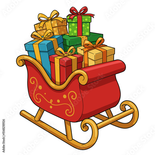 Colorful sleigh loaded with presents and festive decorations  