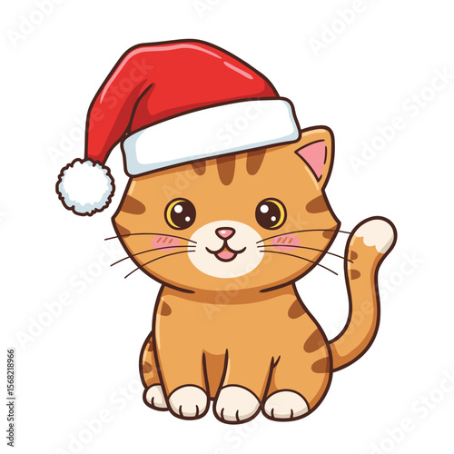 Cute cartoon cat wearing a Santa hat for Christmas celebration  