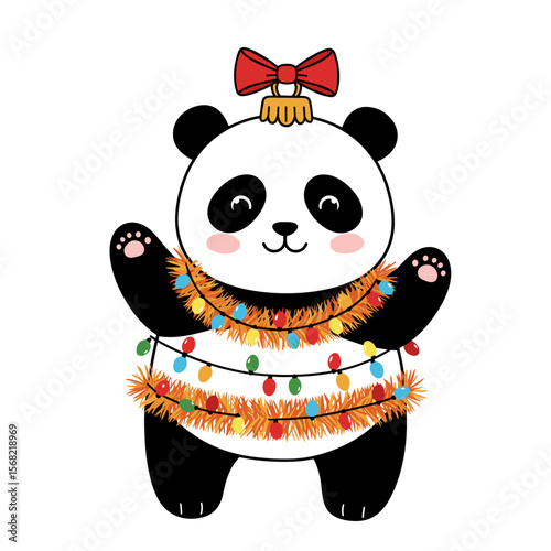 Cheerful panda wearing festive decorations and Christmas lights  