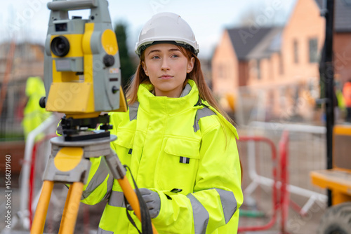 Female Construction surveyor using surveying equipment on building site while wearing bright reflective safety gear