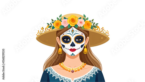 A stylized illustration of a woman with a Day of the Dead makeup and a wide-brimmed hat adorned with flowers.