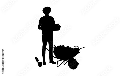 A simple, impactful silhouette of a person holding a plant basket and next to a wheelbarrow filled with plants.