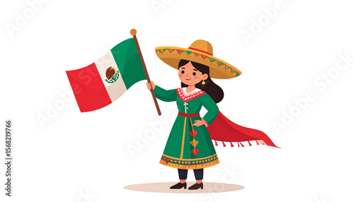 A young girl, proudly holding the Mexican flag, wears traditional clothing.