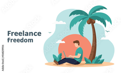Freelancer relaxing under palm trees with laptop, great for remote work promotions, digital nomad lifestyle, or freedom-focused ads