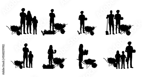Set of 8 silhouette images of family gardening.