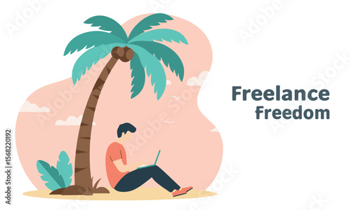 Man working remotely by palm trees, suitable for illustrating digital nomadism, freedom lifestyle, or remote career campaigns