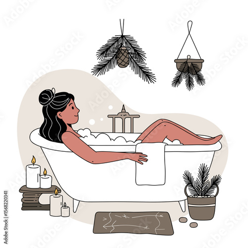 Woman relaxing in bathtub with candles and plants in spa setting  