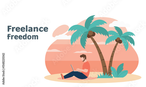 Freelancer resting under palm trees, perfect for digital ads or blog illustrations about freedom, remote work, and tropical nomad life