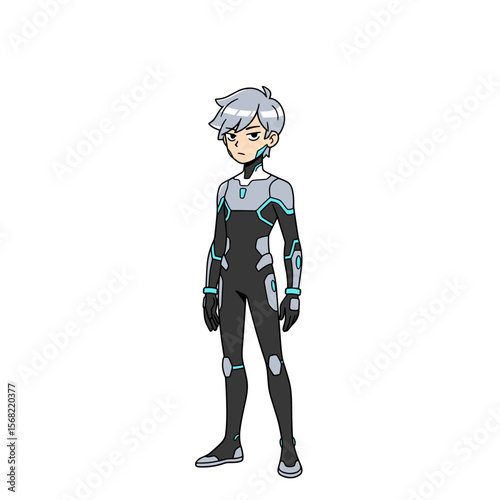 Young male cartoon character in futuristic outfit with blue accents  