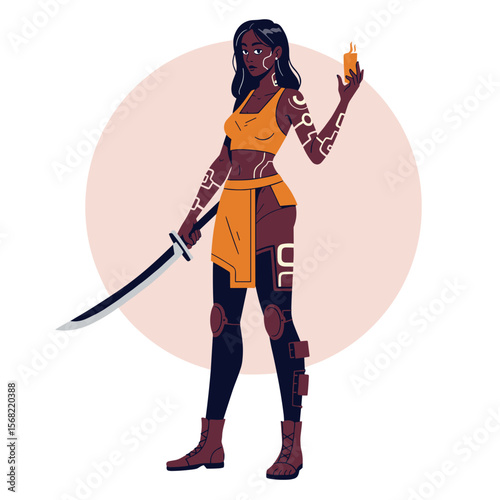 Young black woman warrior standing with sword and candle in hand  