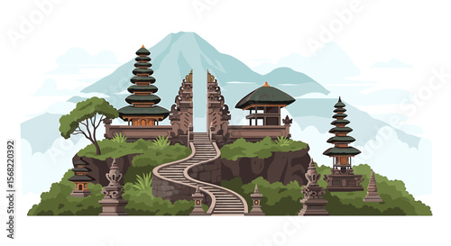Illustration of a Balinese temple complex with pagodas, stone statues, and a winding path against a mountain backdrop.