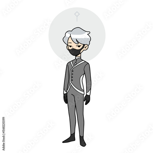 Cartoon character with white hair and mask wearing a suit  