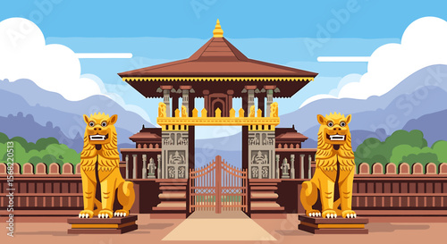 Colorful illustration of a grand Asian temple gateway, flanked by golden lion statues.