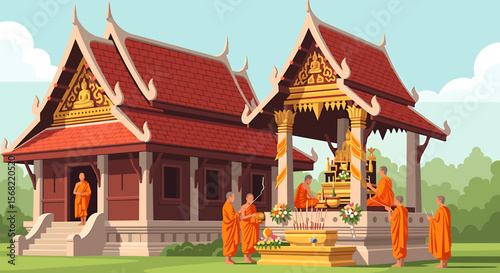 Buddhist monks perform a ceremony at a traditional Lao temple, offering flowers and paying respects.