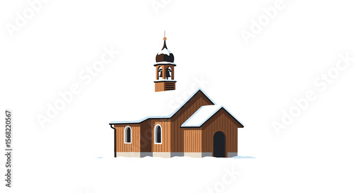 A simple illustration of a church building with a detached bell tower, covered in snow.