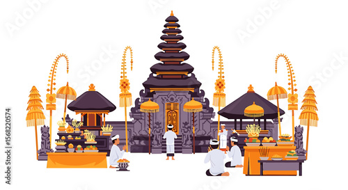 Illustration of a Balinese Hindu temple with people praying and offering rituals in a traditional setting.