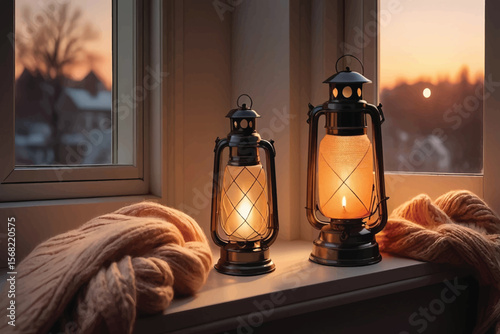 Warm Sunset Light Illuminates Lantern and Knit Sweater on Windowsill