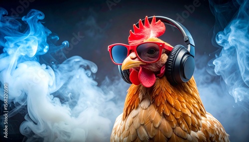 chicken with sunglasses and headphones smoke