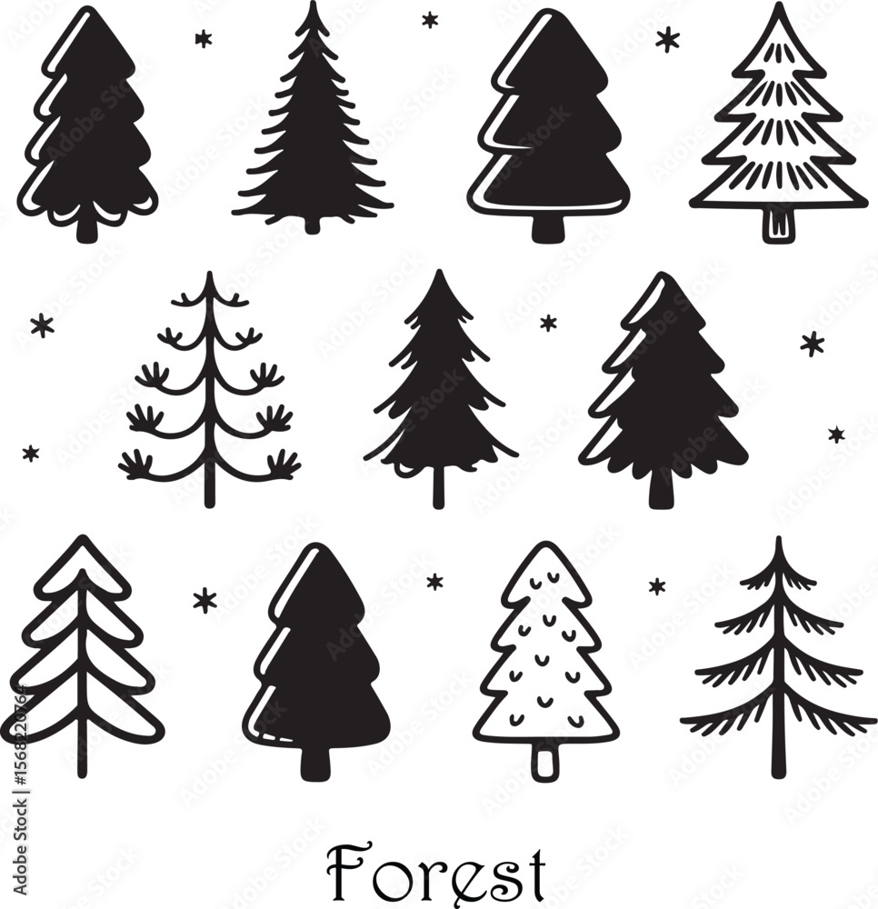 Obraz premium Hand Drawn Fir Tree Doodle Vector Set with Varied Pine Shapes and Forest Elements on White Background