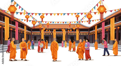 Festive courtyard scene at a Buddhist temple, monks and people celebrating with lanterns and decorations.