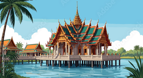 A serene Thai temple rests on stilts above tranquil water, surrounded by lush tropical foliage.