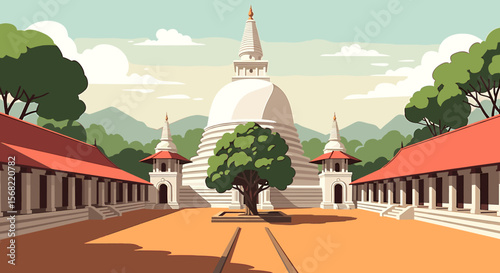 A vibrant illustration of a Buddhist temple complex with a large stupa and surrounding structures.