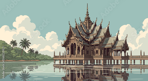 A pixel art depiction of a wooden Thai temple on a lake, serene and tranquil.
