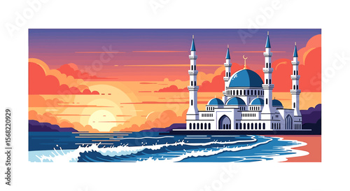 Coastal Mosque at Sunset, serene ocean waves lapping at the shore.