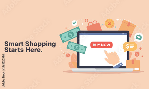 Smart shopping concept with digital interface and money icons, suitable for online marketplaces, fintech content, and web commerce