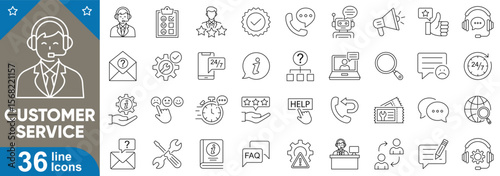 Customer service line icons set. Editable stroke symbols of support, feedback, helpdesk, call center, chat, user guide, rating, complaint, assistance tools, and more. Vector illustration