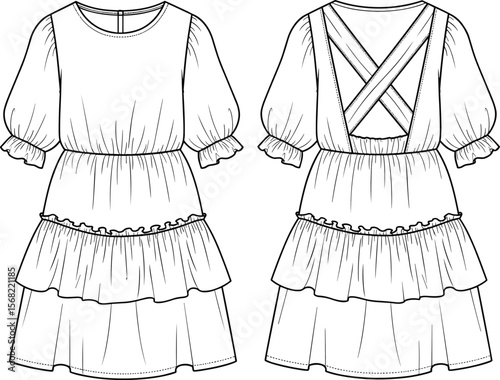 Fashion, flat, sketch, vector, illustration, women’s, tiered, midi, dress, puff, sleeves, ruffled, hem, crisscross, back, detail, clothing, design, garment, technical, drawing, portfolio