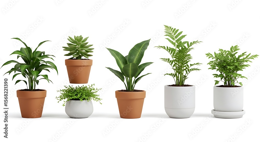 A Collection of Potted Plants: Diverse Greenery in Terracotta and White Pots A Collection of Potted Plants: Diverse Greenery in Terracotta and White Pots