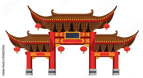 A vibrant illustration of a traditional, ornate Chinese gate, featuring red and brown architectural details.