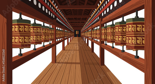 A long corridor with rows of prayer wheels, featuring wooden beams and a patterned ceiling.