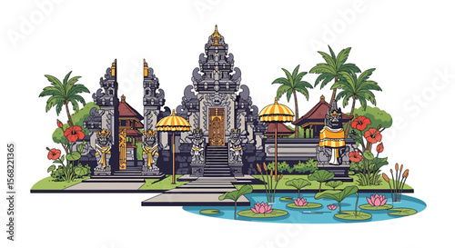 Illustration of a Balinese temple with traditional architecture, surrounded by lush tropical plants and a pond with lotus flowers.