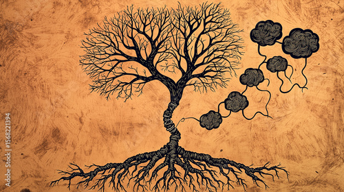 Tree with bare branches and detailed roots on textured background, artistic black line drawing with abstract cloud shapes connected by lines, creative nature concept with emotional expression