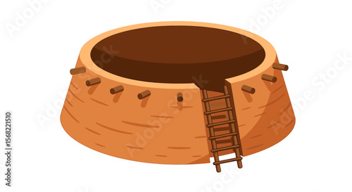 Illustration of a traditional kiva structure with a ladder leading down into the circular subterranean room.