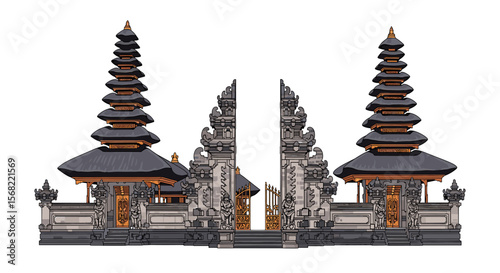 Ornate Balinese temple entrance, traditional architecture, tiered roofs, stone carvings.